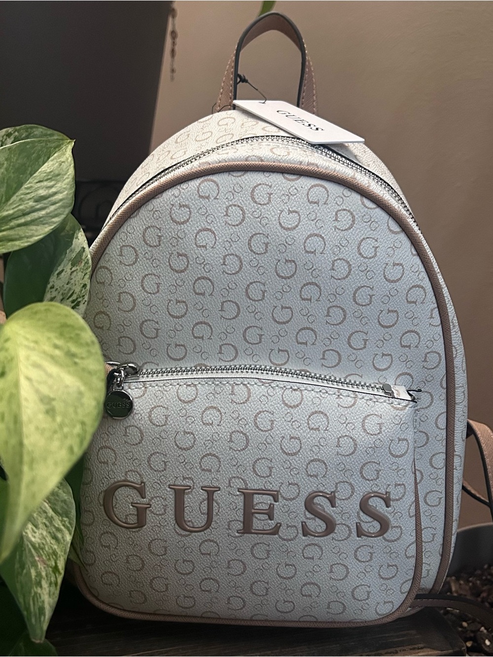 Guess Cream Monogram Mini Backpack with Tan Accents
